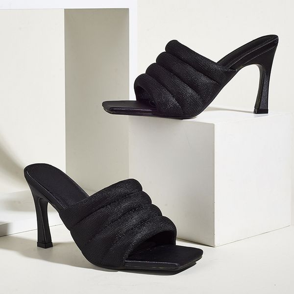 

sandals 2021 summer women high heels slippers mules square toe slides female thick mesh ladies dress party shoes pink m6qb, Black