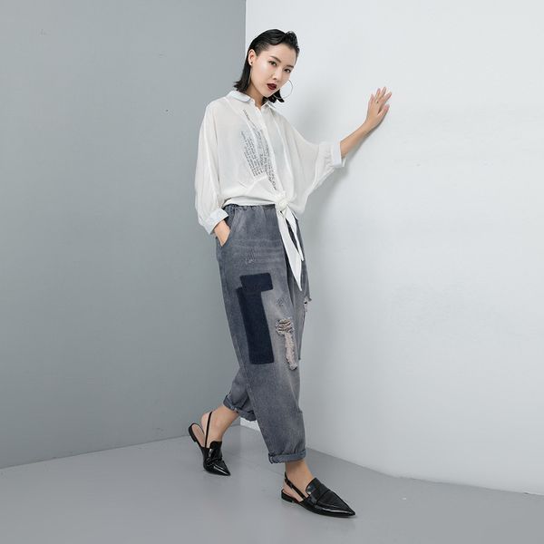 

tvvovvin summer styles thin fashion women clothes elastic washed denim vintage patchwork spliced broken pants as888, Blue