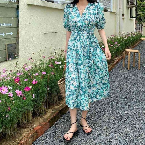 

casual dresses green chic fashion all-match floral women korean summer thin gentle puff sleeve r1op, Black;gray