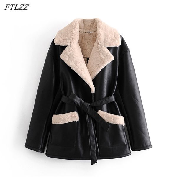 

winter women turn down collar faux leather jacket with belt thick warm long sleeve pu coat stretwear outwear 210430, Tan;black