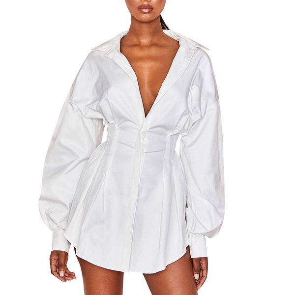 

apparel elegant dress women solid color turn down collar v neck long sleeve shirt mini dress corset clothing, Black;gray