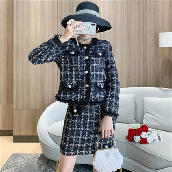 

women's tracksuits cbafu vintage tassel plaid tweed jackets + high waist mini skirts matching set elegant office two piece autumn winte, Gray