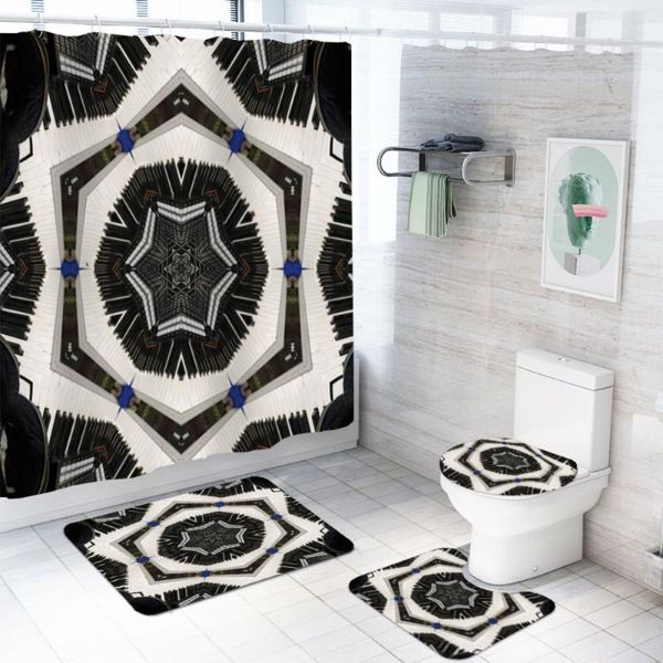 

bath accessory set waterproof shower curtain non-slip rug mat toilet cover mandala flower print 4 piece bathroom with hooks polyester