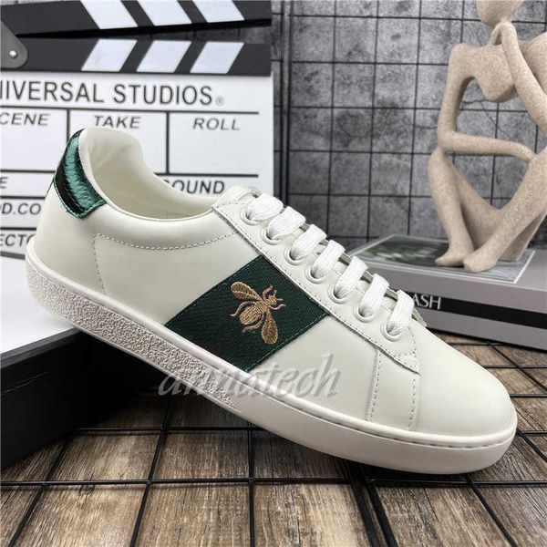 

men women casual shoes low flat matte leather sneakers ace bee shoe scarpe chaussures trainers green red stripes embroidery with