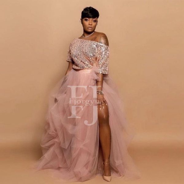 

skirts sweet pink birthday party women tulle 2021 long tiered ruffles elastic zipper back side split evening skirt, Black