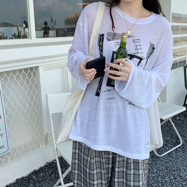 

2 colors summer korean style thin long sleeve crop loose breif t shirts sun protection womens tee shirt femme (x1484) 210423, White