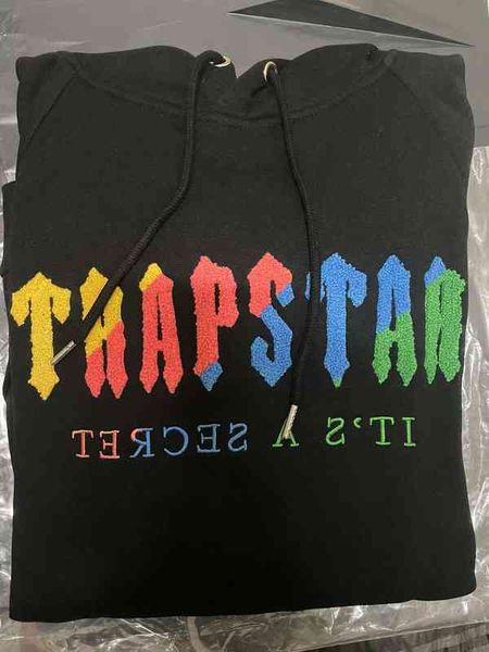 

embroidery hoodie trapstar rainbow towel decoding hooded sportswear men women suit zipper trousers, Black