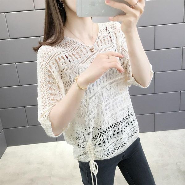 

women's sweaters the spring and summer 2021 ladies v-neck brim hole hollow out with thin sweater smock batwing coat, White;black
