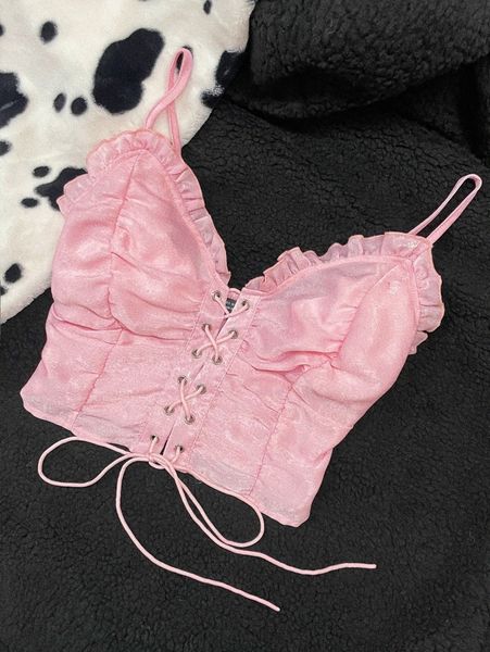 

lace up front shirred cami x5qe#, White