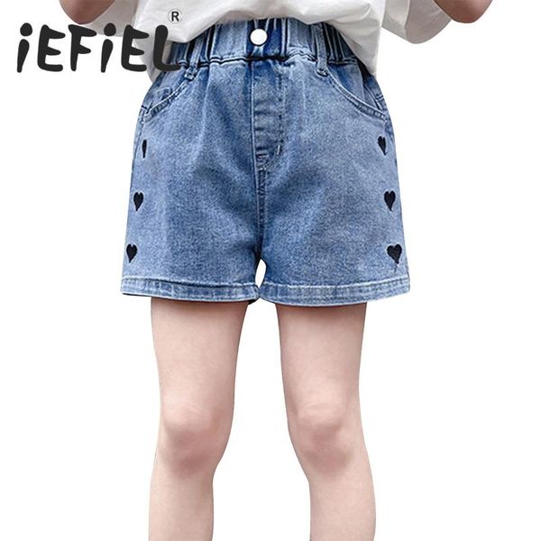 

shorts girls love embroidery jean summer kids pants casual elastic high waist denim children clothing 5-14y, Black