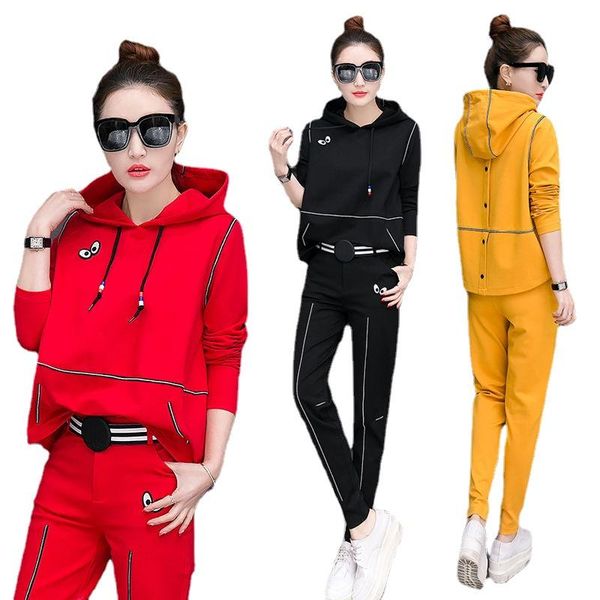 

women's two piece pants spring and autumn sweater suit fashion two-piece large size long-sleeved hooded student casual sportswear, White