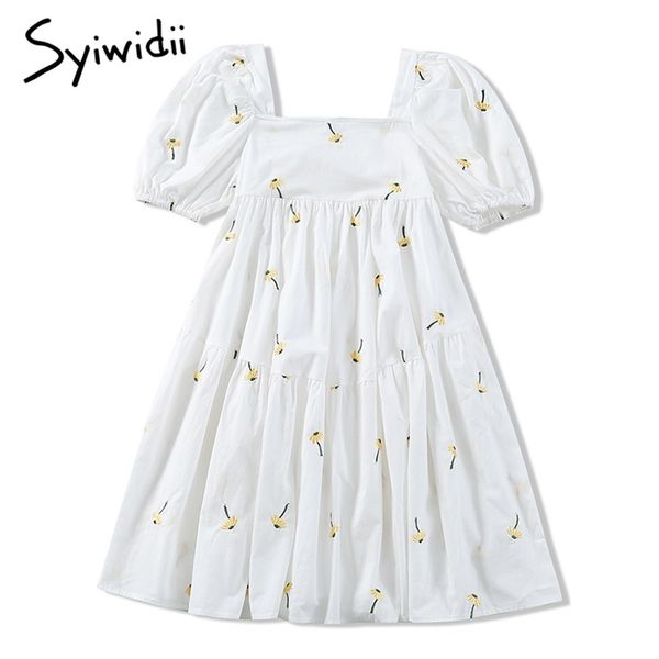 

boho floral embroidery dresses vintage puff sleeve square collar summer light mini party cotton white dress women 210607, Black;gray