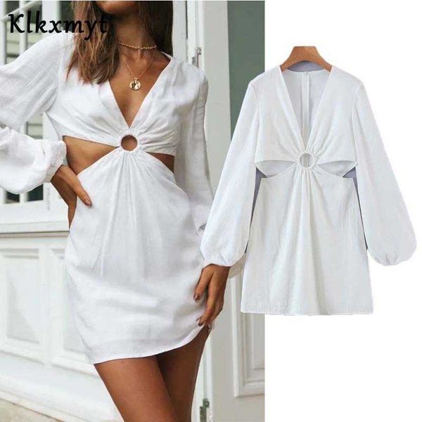 

klkxmyt za dress women summer fashion hollow out v neck mini casual lantern sleeve female party es vestido 210527, Black;gray