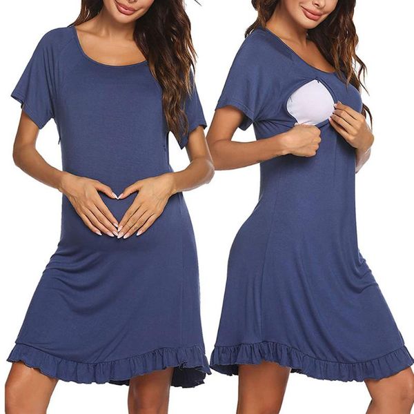 

pregnant women's pajamas dress short sleeve lace nursing lactation women elegant maternity dresses, White