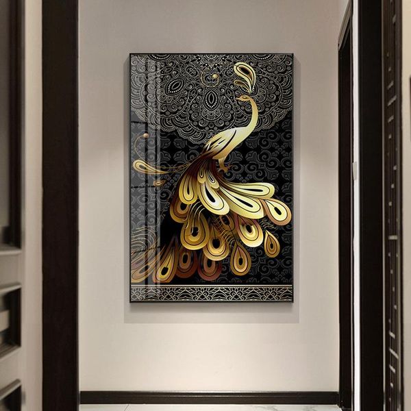 

paintings canvas living room framework wall art golden peacock pictures black pattern hd prints tail peafowl poster home decor