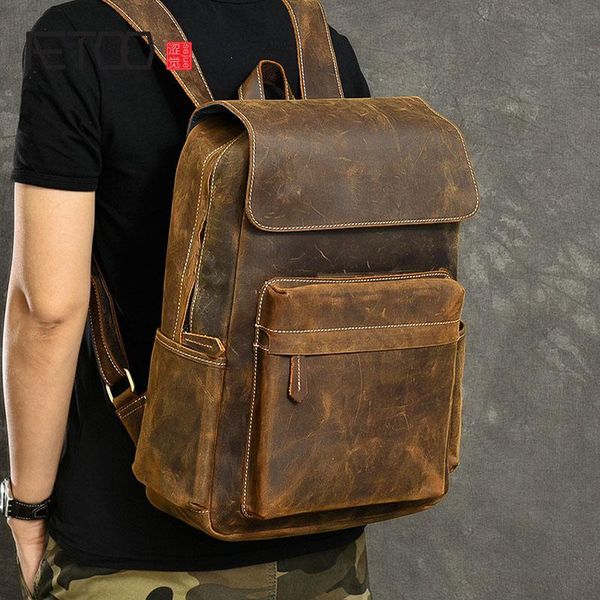 

backpack aetoo vintage classic mad horse leather men's travel backpack, head