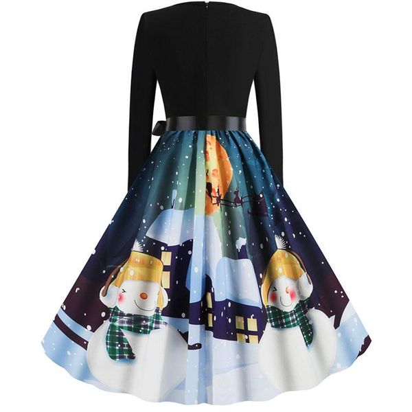 

casual dresses christmas party dress women black patchwork print winter long sleeve elegant office a-line midi vintage robe plus size, Black;gray