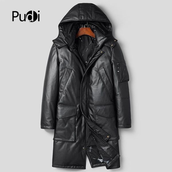 

pudi mt102 fashion men coat jacket genuine sheep leather real fur collar jackets winter warm long coats outwear men's & faux, Black