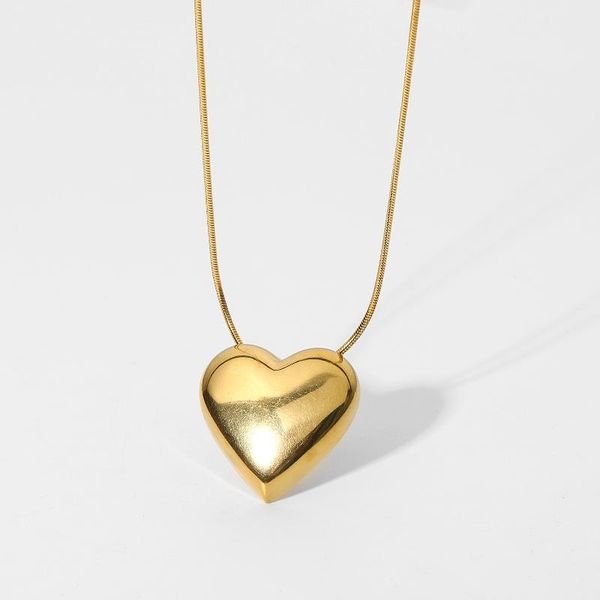 

pendant necklaces 18k gold plated stainless steel thin snake chain necklace for women large smooth heart shape choker party gifts, Silver