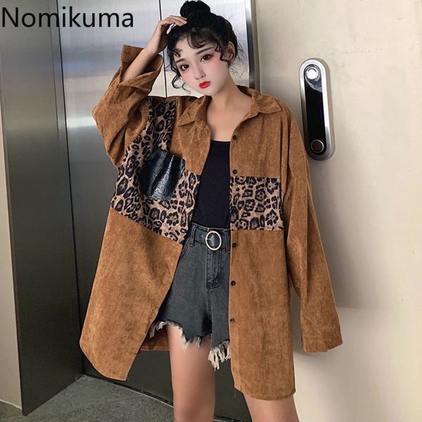 

nomikuma autumn korean blouse women harajuku loose bf style corduroy long sleeve leopard patchwork shirt female blusas 3d638 210514, White