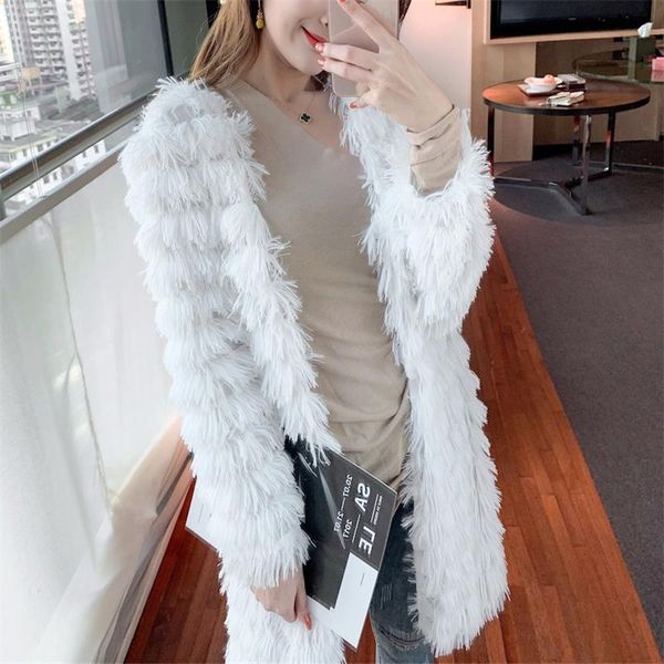 

women's fur & faux 2021 autumn coat ladies fashion striped simple plush overcoat sweet all-match tassel women outerwear cardigan, Black