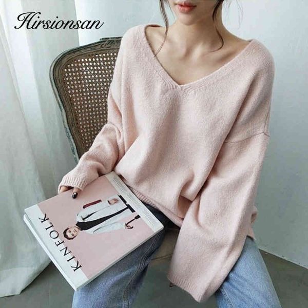

women's sweaters hirsionsan autumn winter sweater women 2021 vintage soft korean casual solid knitted pullovers v neck cashmere, White;black