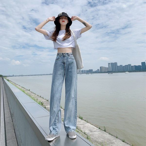 

women's jeans summer high waist wide leg pants, lengthened jeans, fashion versatile, straight, loose and draping pants, Blue