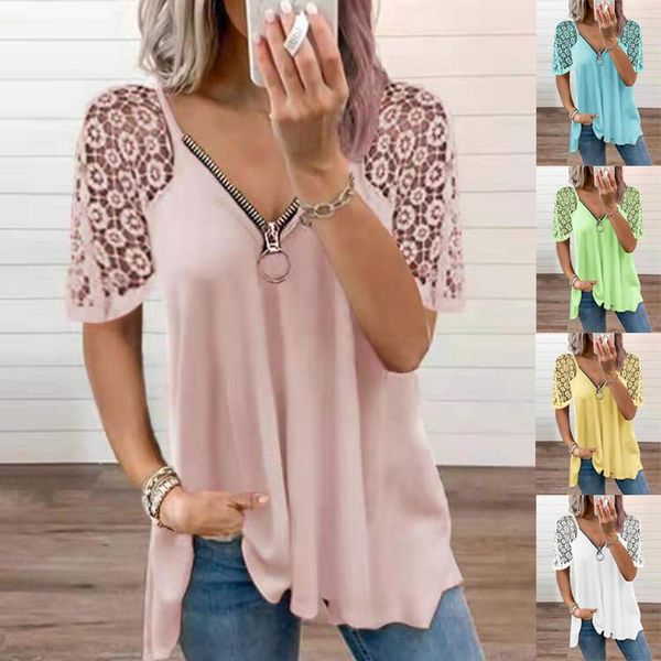 

women's t-shirt 2021 summer casual lace stitching v neck zipper short sleeved solid color loose plus size lady women clothing, White