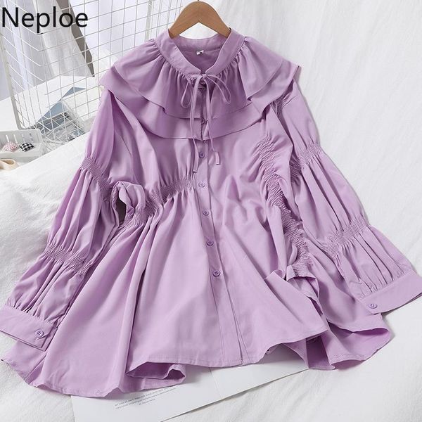 

women's blouses & shirts neploe medium-long women blouse double ruffle lace up stand neck shirt 2021 korean pleated fashion solid blusa, White
