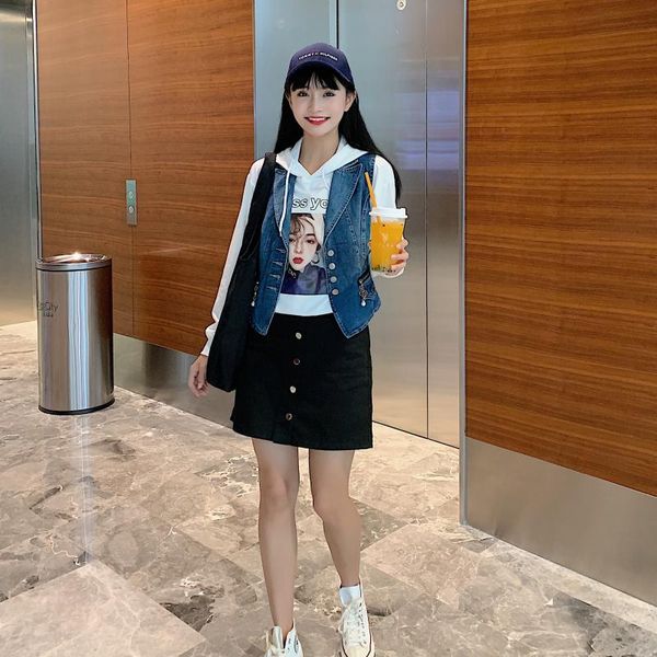 

women's vests all-match suit collar sleeveless denim vest women's short clip motorcycle over the top, Black;white