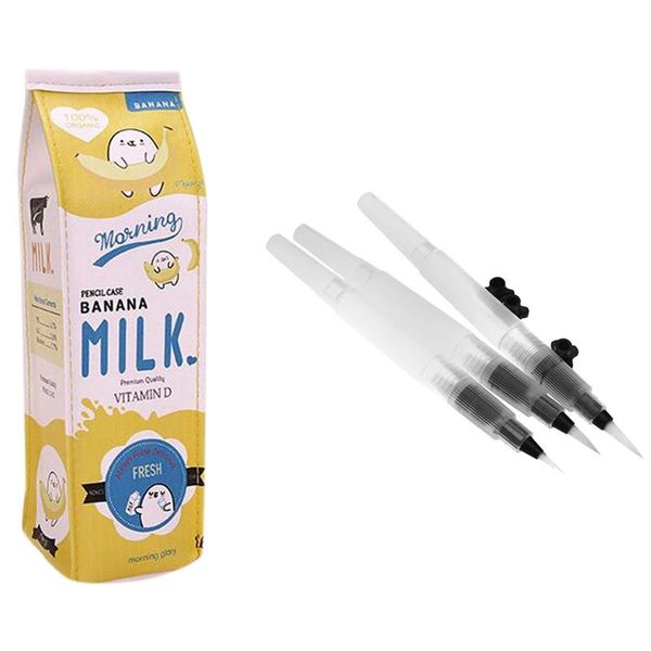 

1x simulation of milk cartoon pencil case pu pen bag stationery pouch & 3 refillable pilot water brush ink pigments bags