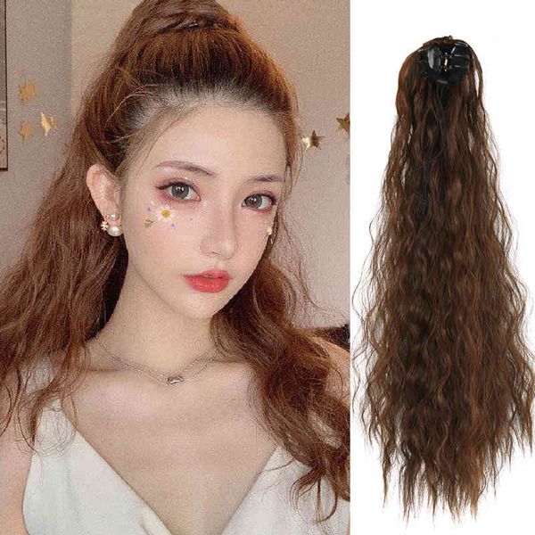 

women's short wig small grip bandage corn high natural long curly ponytail, Black;brown