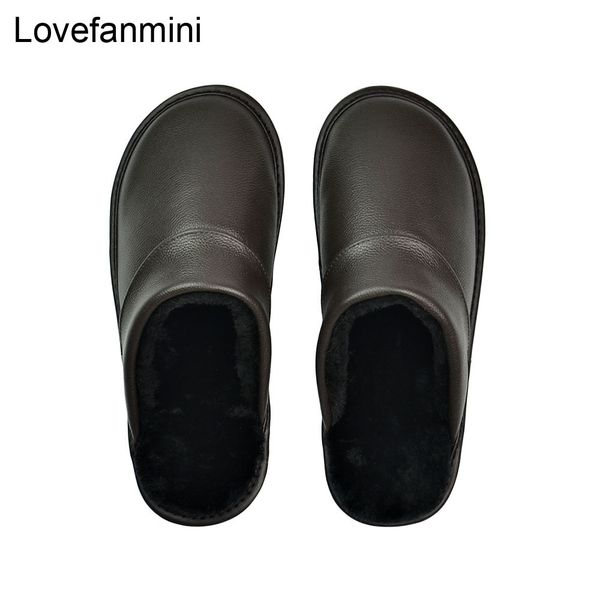 

genuine cow leather slippers couple indoor non-slip men women home fashion casual shoes pvc soft soles winter 610 y0427, Black