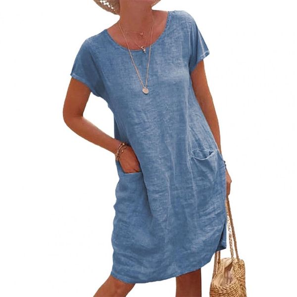 

plus size s-5xl women dress vintage solid color loose summer short sleeve round neck dress for daily wear knee-length dresses clothing, Black;gray