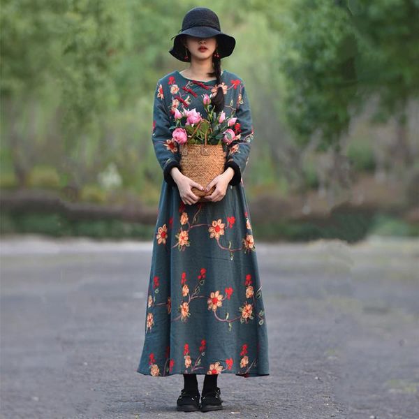 

casual dresses chinese style loose long maxi cotton and linen dress pocket winter autumn thick fleece inside embroidery, Black;gray