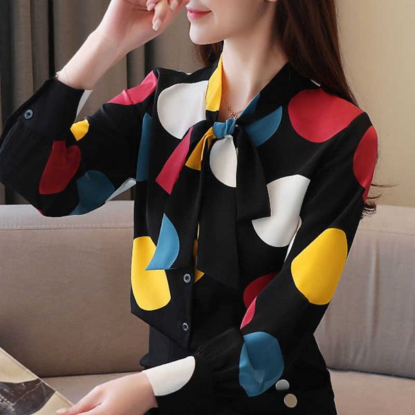 

long sleeve blouse women blusas mujer de moda bow v-neck dot chiffon blouse shirt women womens and blouses c984 210602, White