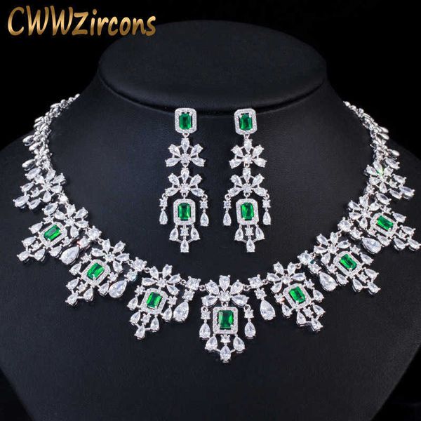 

cwwzircons luxury green cubic zirconia women wedding party bride necklace earrings jewelry sets bridal dress accessories t353 h1022, Silver