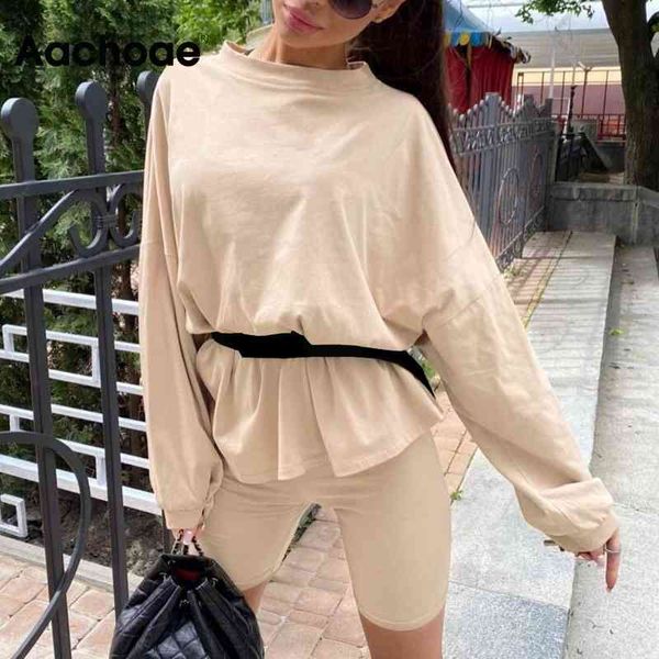 

aachoae women casual tracksuit two piece set with belt home loose sports leggings shorts set fashion solid 2 pieces outfits 210413, White