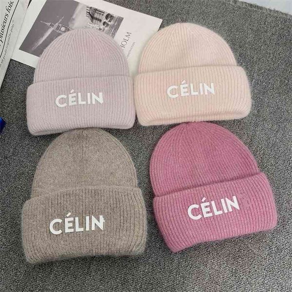 

design autumn and winter long rabbit hair wool hat women's thick warm knitted european fashion letter thread cold 70% off, Blue;gray