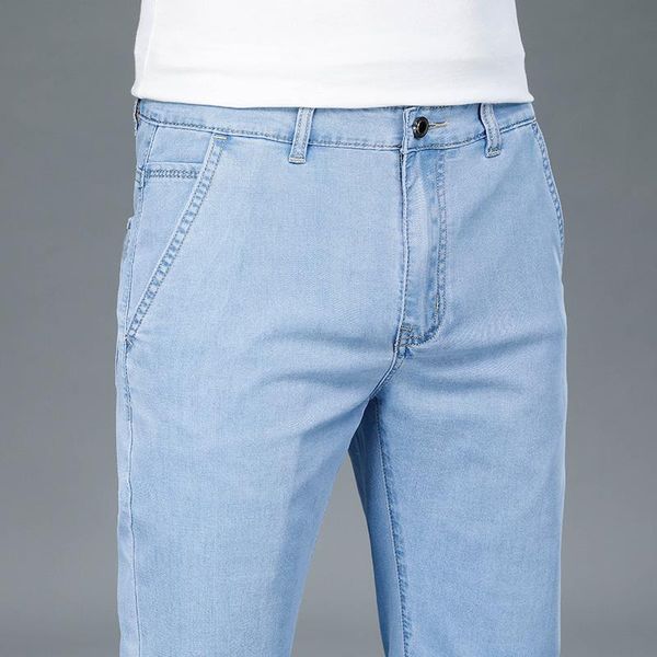 

men's jeans spring and summer mid waist thin business casual loose straight stretch cotton denim trousers male brand pants, Blue