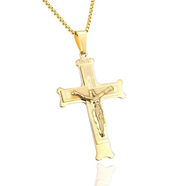 

pendant necklaces men's stainless steel big inri jesus christ crucifix cross pendants orthodox long chain male gifts jewelry, Silver