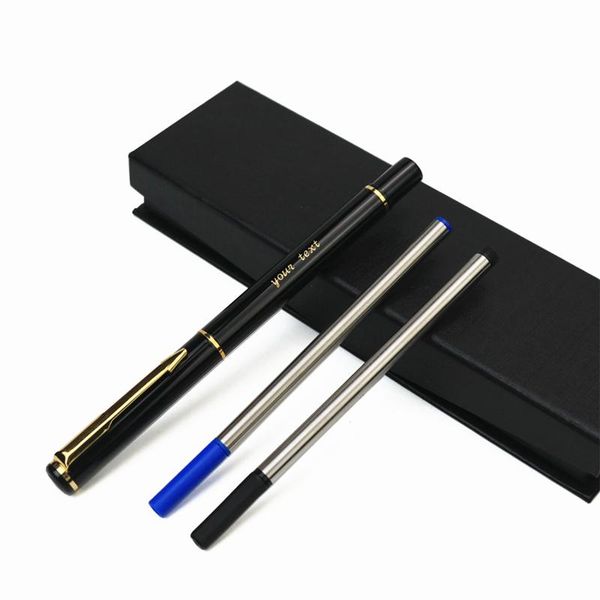 

all metal signature pen engraved gold text roller 2 extra refills in black and blue with gift box packaging gel pens