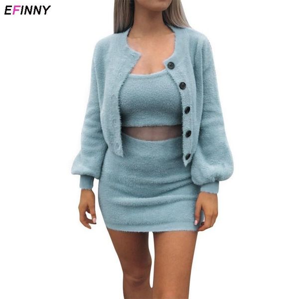 

women's tracksuits efinny 3 piece set outfits women autumn o neck vest skirt full sleeve long cardigan casual three sets, Gray