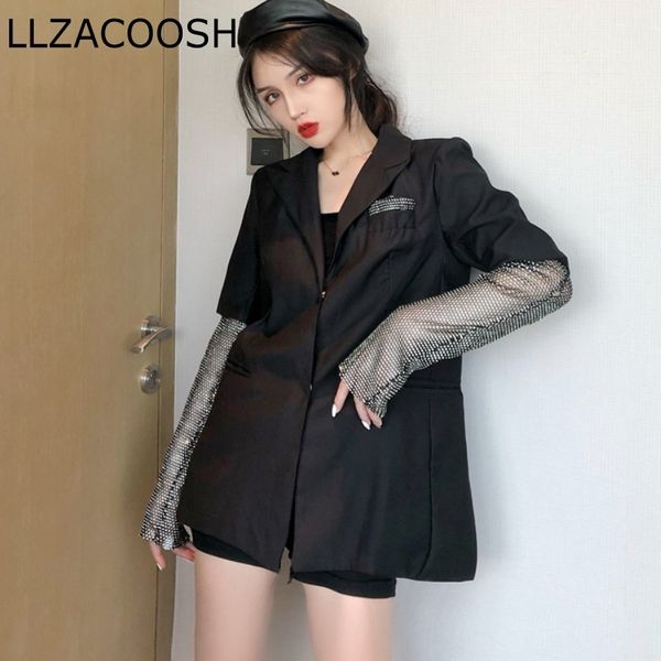 

spring black blazer for women long sleeve diamond patchwork long elegant coat female fashion women clothing 210514, White;black