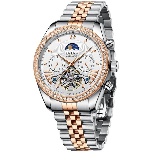 

wristwatches biden automatic tourbillon watch men skeleton diamond mechanical wristwatch luxury waterproof business watches relogio masculin, Slivery;brown