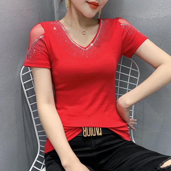 

women's t-shirt tshirt 2021 summer short sleeve mesh shirt elegant slim v-neck drilling female tees blusas, White