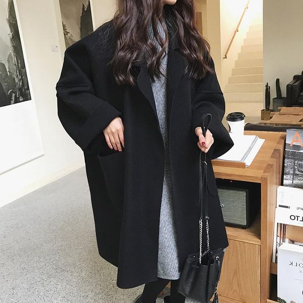 

women's wool & blends fashion casual thin with warm clothing spring autumn long jacket women woolen coat abrigos mujer invierno, Black