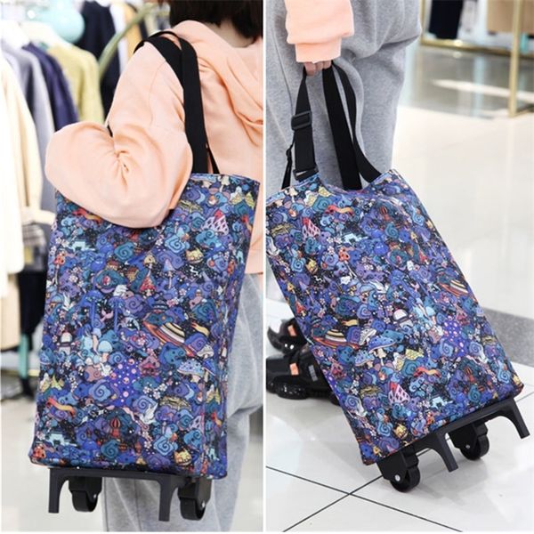 

small pull cart shopping food organizer trolley bag on wheels bags folding portable shopping bags buy vegetables bag tug package 220311