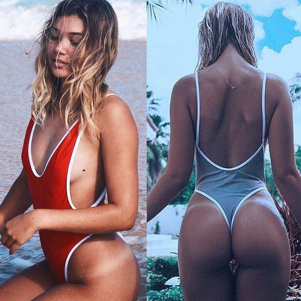 

one-piece suits 2021 summer red white patchwork one piece swimsuit thong swimwear women bikinis deep v neck bodysuit monokini for