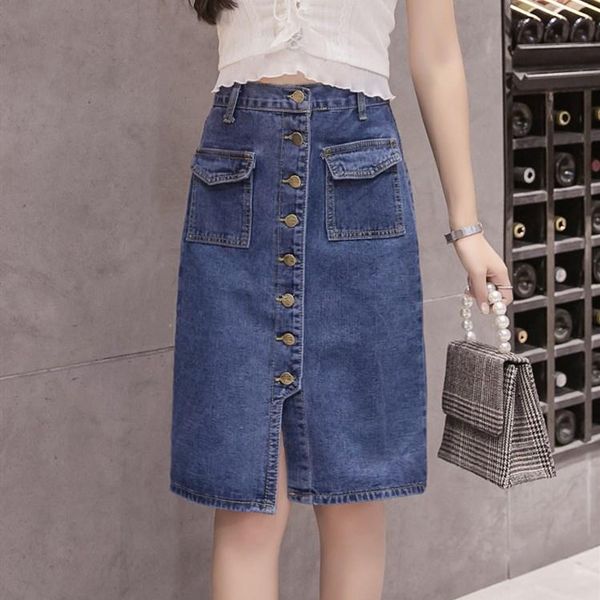 

skirts 2021 fashion women high waist plus size skirt button summer buttons pockets jeans elegant denim knee length, Black